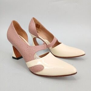 John Fluevog Earhart D'Orsay Heels Women 7.5 Pink Cream Patent Leather Pumps